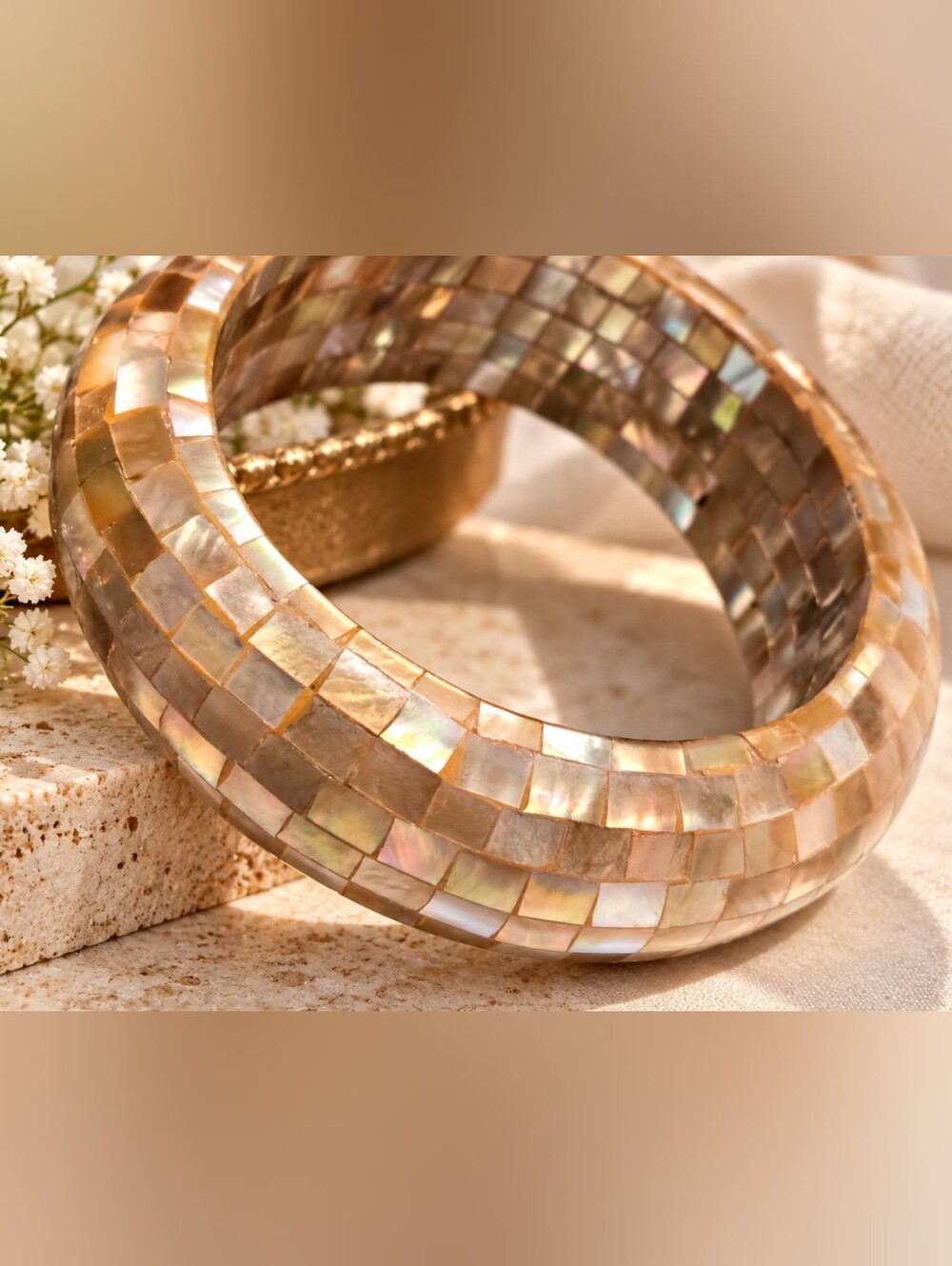 Vintage Iridescent Mosaic Statement Bangle Bracelet – Mother-of-Pearl